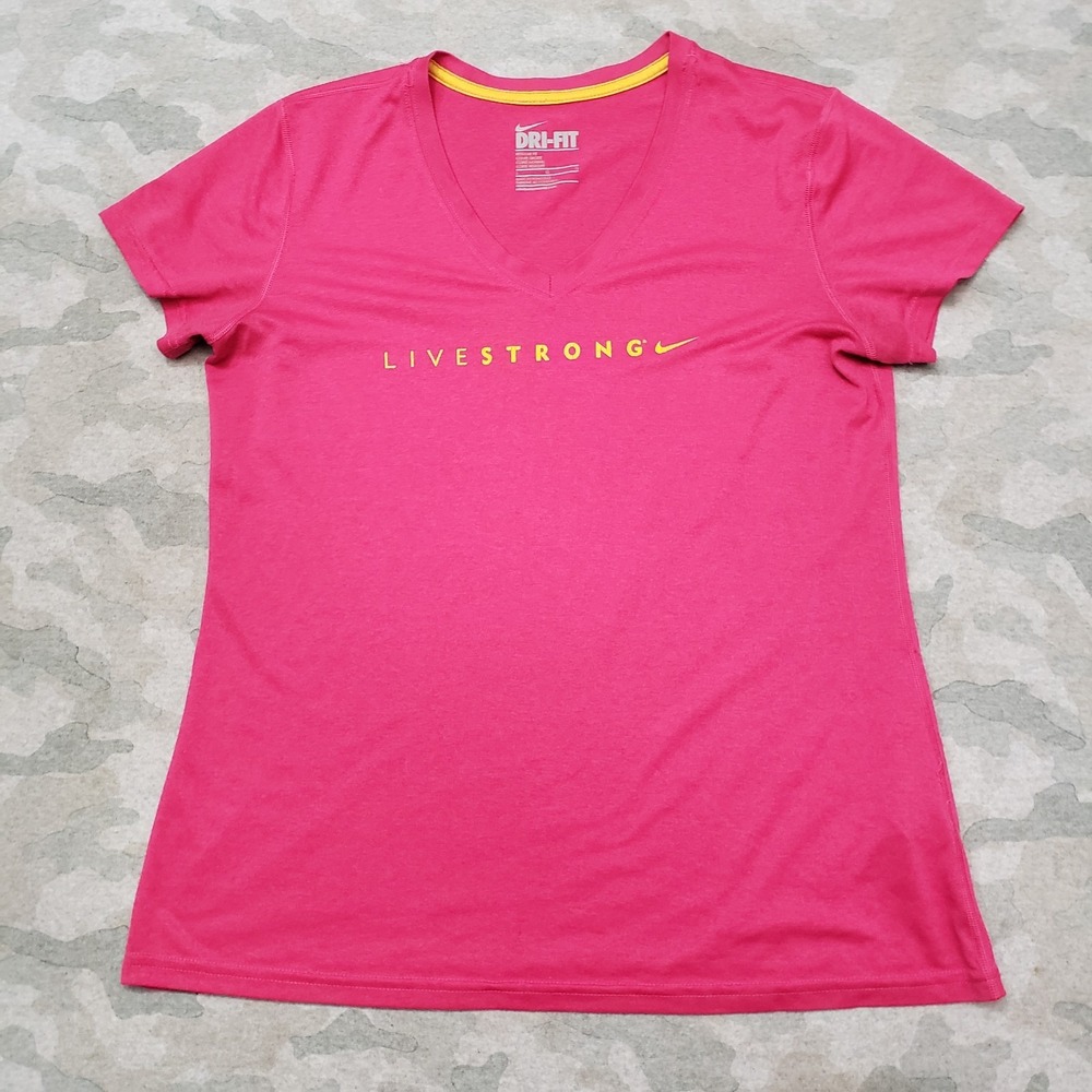 Nike Top Womens Large Pink V-Neck Dri-Fit Short Sleeve Live Strong‎ Cycling